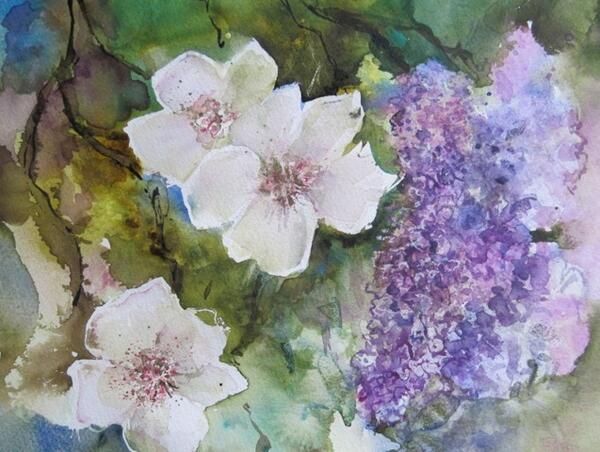 Helga Brukner, Titel des Bildes Gartenblumen. Zu sehen sind helle Blten und fliederbarbene Knospen.