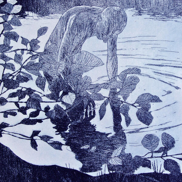 Schirin Fatemi, der Titel des Bildes ist Lost Paradise (aus der englischen Sprache bersetzt: verlorenes Paradies). Eine Figur steckt ihren Finger in einen Fluss. In die Szene ragt auch ein Ast.