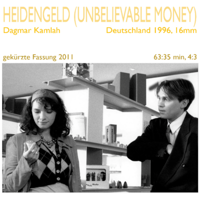 Dagmar Kamlah, der Titel des Filmplakats: Heidengeld. Zwei Menschen schauen in einem Verkaufsraum auf einen Gegenstand.