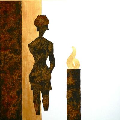 Ute Löhr, der Titel des Bildes ist nicht bekannt. Eine Frau steht neben einer Flamme. Das Bild ist abstrakt in dunklen Farben gehalten.