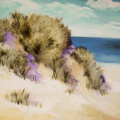 Kathrin Paul, der Titel des Bildes ist: Düne. Eine Düne mit Meer im Hintergrund ist auf dem Bild abgebildet.
