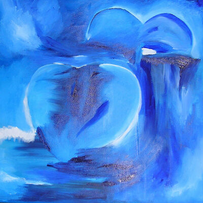 Angela Stöbe, der Titel des Bildes: Liebe befreit Tunnel der Marter. Eine Höhle die in blaues Licht gehüllt ist.