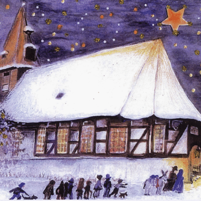 Freifrau Dagrun von Taube, der Titel des Bildes: St. Nikolai zu Ilsede. Die Illustration zeigt die Kirche Sankt Nikolai in Ilsede im Winter. Kinder und Erwachsene strömen hinein.