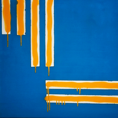 Tiago Maria Alma: Dripping Yellow. Ein blaues Bild mit vier gelben breiten Farbstrichen von links oben und zwei breiten gelben Farbstrichen von der rechten unteren Seite.