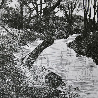 Schirin Fatemi, der Titel des Bildes ist Wasserwege Nr. 2. Zu sehen ist in dunkler Farbe auf hellem Papier ein Flussverlauf.