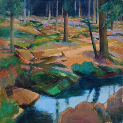 Schirin Fatemi, der Titel des Bildes ist Wasserweg Nr. 4. Hier hat die Malerei eine Flussgabelung in einem Wald festgehalten.