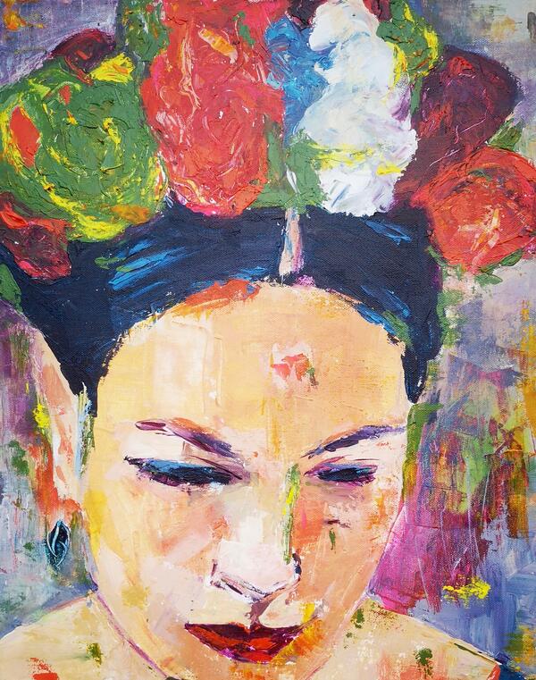 Cordula Heimburg, der Titel des Bildes ist: Portrait III. Auf dem gemalten Acrylbild ist das Gesicht einer Frau abgeildet die bunte Flechtungen im Haar trgt.