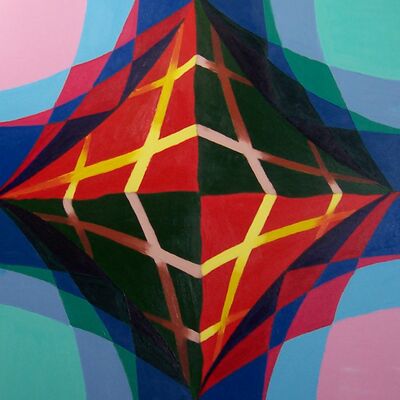 Markus Helbing, der Titel des Bildes ist: oT. Ein pyramidenförmiges Element mit einem unterschiedlich farbigen Raster.
