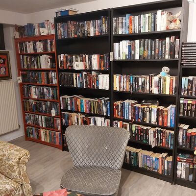Auf dem Bild stehen Bücherregale mit viele Kriminalromanen mit einem Lesesessel versammelt