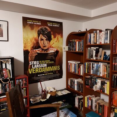 Auf dem Bild stehen Bücherregale mit viele Kriminalromanen in einer Leseecke versammelt.