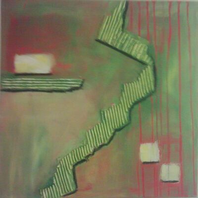 Christa Meinecke, der Titel des Bildes ist: Grünes Bild Nummer 5. Ein grüner Streifen schlängelt sich gestrichelt über das Bild auf dem noch weiße Quadrate und rote Streifen zu sehen sind.