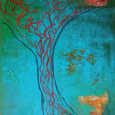 Christa Meinecke, der Titel des Bildes ist unbekannt. Ein rot gestrichener Baum auf blauem Untergrund.