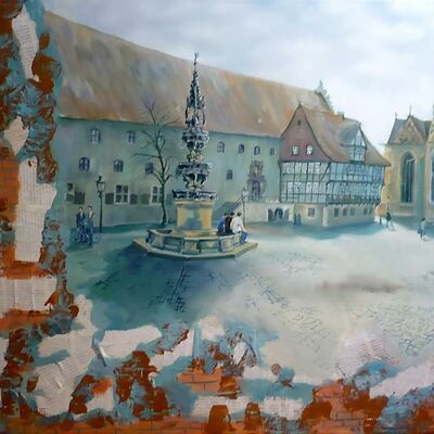 Antonina Mohrdieck, auf dem Bild ist ein Marktplatz mit Brunnen und Fachwerkhäusern zu sehen.