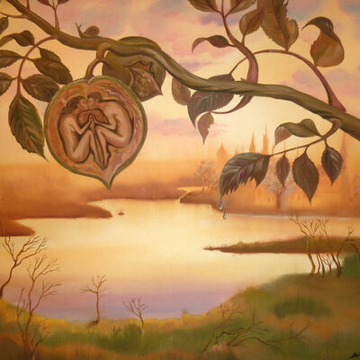 Antonina Mohrdieck, der Titel des Bildes: die Liebenden. An einem Ast hängt eine Frucht in der zwei Liebenden, eng aneinander gekuschelt zu sehen sind. Im Hintergrund ein See.
