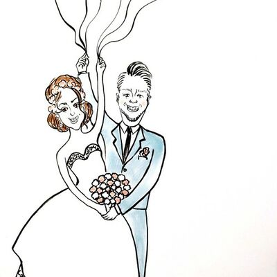 Antonina Mohrdieck, auf dem Bild ist ein gezeichnetes Hochzeitspaar abgebildet. Sie halten Luftballons und einen Blumenstraß in der Hand.