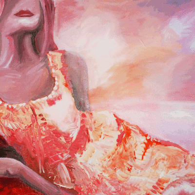 Kathrin Paul, Titel des Bildes: rotes Portrait. Der Körper einer dunklen Frau mit einem roten Kleid ist abgebildet.