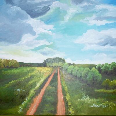 Kathrin Paul, der Titel des Bildes: Ein Weg. Ein Landschaftsweg mit vielen grünen Büschen und blauem Himmel ist zu sehen.