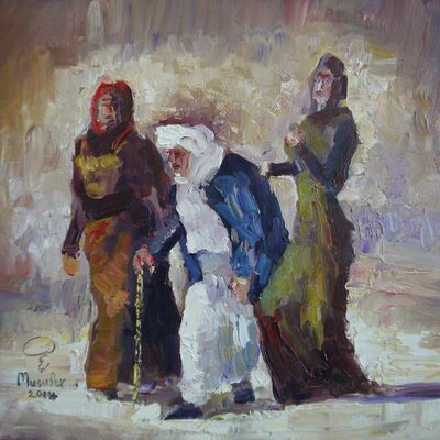 Eine Szene in der eine älterere Person von zwei weiblich anmutenden Personen begleitet wird. Das Bild wurde von Musafer Qassim gemalt.