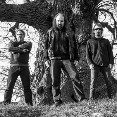 Ein Bandfoto der Metalformation Shotgun Justice. Die 5 Musiker stehen vor einem großen Baum.
