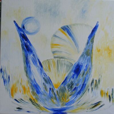Angela Stöbe, der Titel des Bildes: Die Perle. In einem blauen Nest mit langen Blättern liegt eine gelbfarbene Perle.
