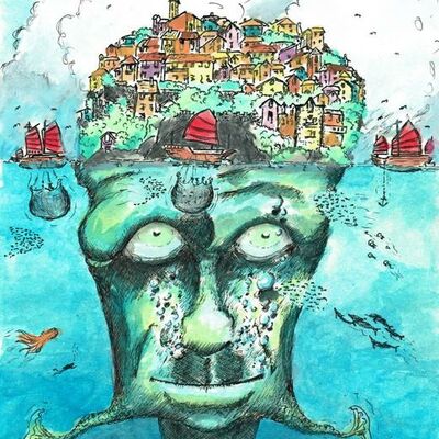 Martin M. Uhland, der Titel des Bildes: Insel. Ein großes grünes Gesicht bildet eine Insel. Die Kopfoberfläche beherbergt viele Häuser.