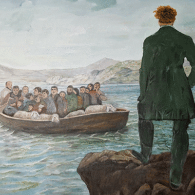 Das Bild "Willkommen?" zeigt das einen Wandersmann wie er an der Klippe steht und auf ein Boot von Flüchtlingen schaut.