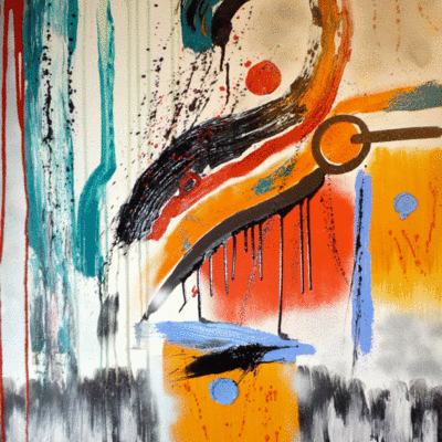 Tiago Maria Alma: Blackbird. Ein bunter angedeuteter Vogel der auf einem gelben Baumstamm sitzt.