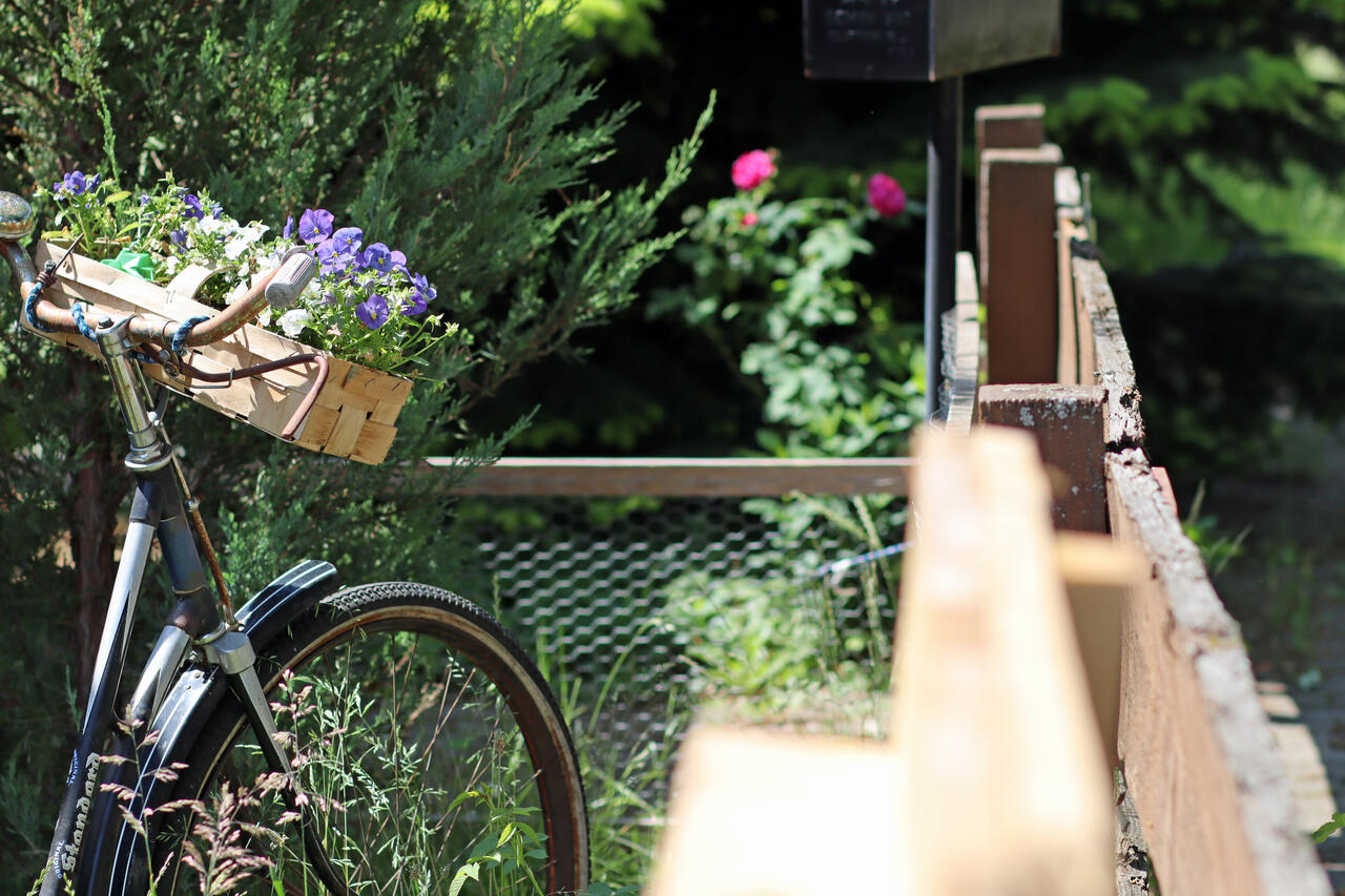 Ein Fahrrad mit einem Blumenkasten.