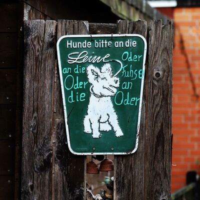 Ein Schild weist darauf hin, Hunde an die Leine zu nehmen.