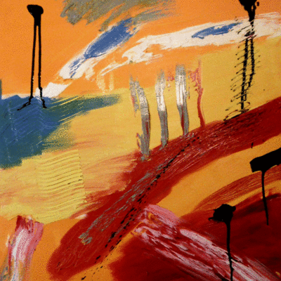 Tiago Maria Alma, Titel: Himmel über Peine. Zu sehen sind angedeutete Schornsteine und viele Wolken. Das Bild ist in gelber, roter und schwarzer Farbe gehalten.