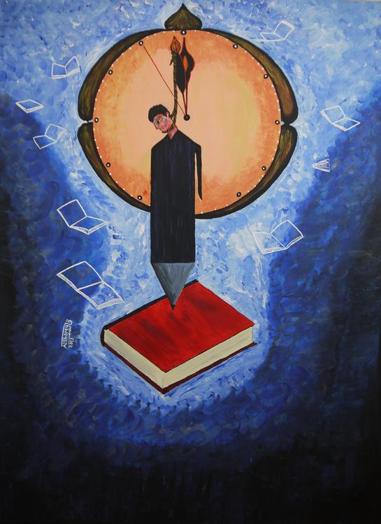 Qassim Alsharqy, Titel des Bildes: Traumgeschichte. Eine Figur hängt vor einer Uhr und steht auf einem roten Buch. Das Bild ist auf einem blauen Hintergrund gemalt.