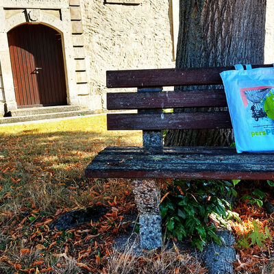 Eine Sitzbank mit dem Beutel des Projektes "In 80 Orten durch die Kultur" drauf, steht unter einem Baum vor der Dorfkirche in Sierße, Gemeinde Vechelde.