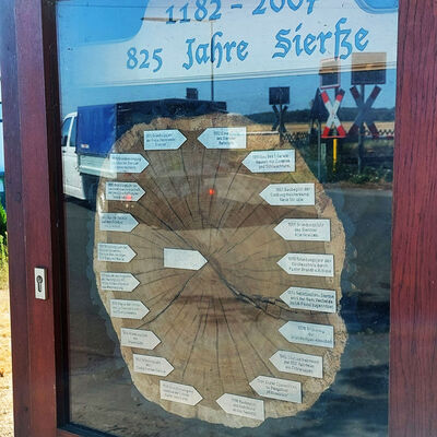Eine Baumscheibe wurde mit historischen Daten der Ortschaft Sierße, in der Gemeinde Vechelde, geschmückt und am Ortseingang ausgestellt.