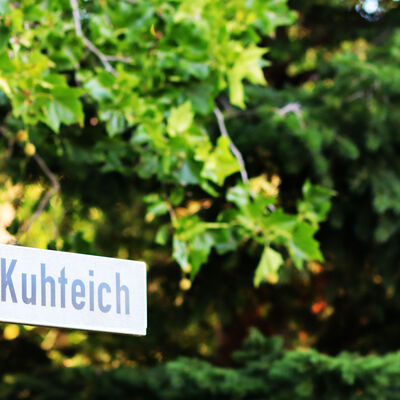 Ein Straßenschild weißt auf einen Weg mit dem Namen "Kuhteich" hin.