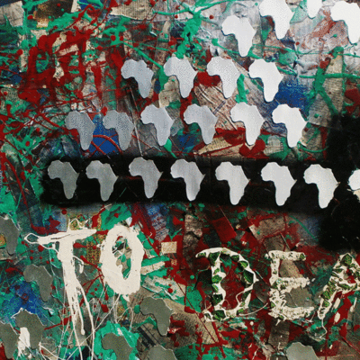 Ein buntes Bild mit vielen kleine afrikanischen Kontinenten und den Beschriftungen "TO" und "DE" in weißer Farbe.