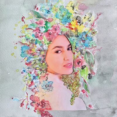 Collage, Fotoportrait mit gemalten Blumenschmuck