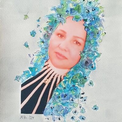 Collage, Fotoprotrait von Mädchen mit gemalten blauen Blumen